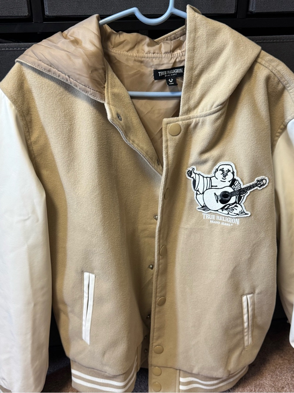 True Religion Tan and Cream Hooded Varsity Jacket
